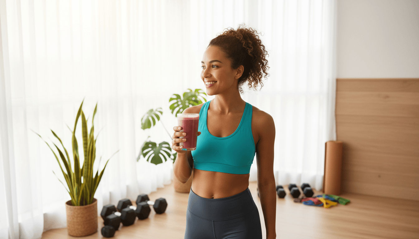 Woman holding Burn Peak supplement bottle in a bright, modern home gym with natural sunlight