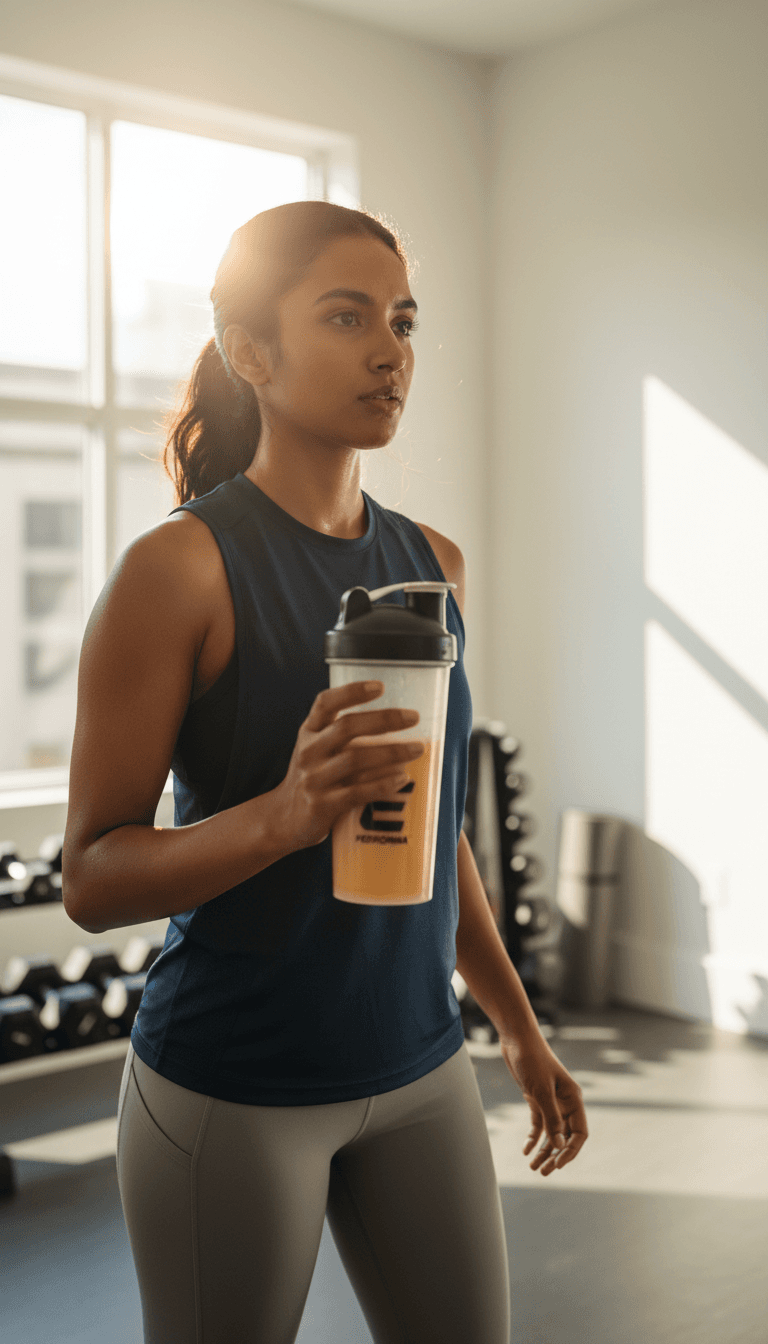 Person in motion holding Burn Peak supplement bottle in bright natural light