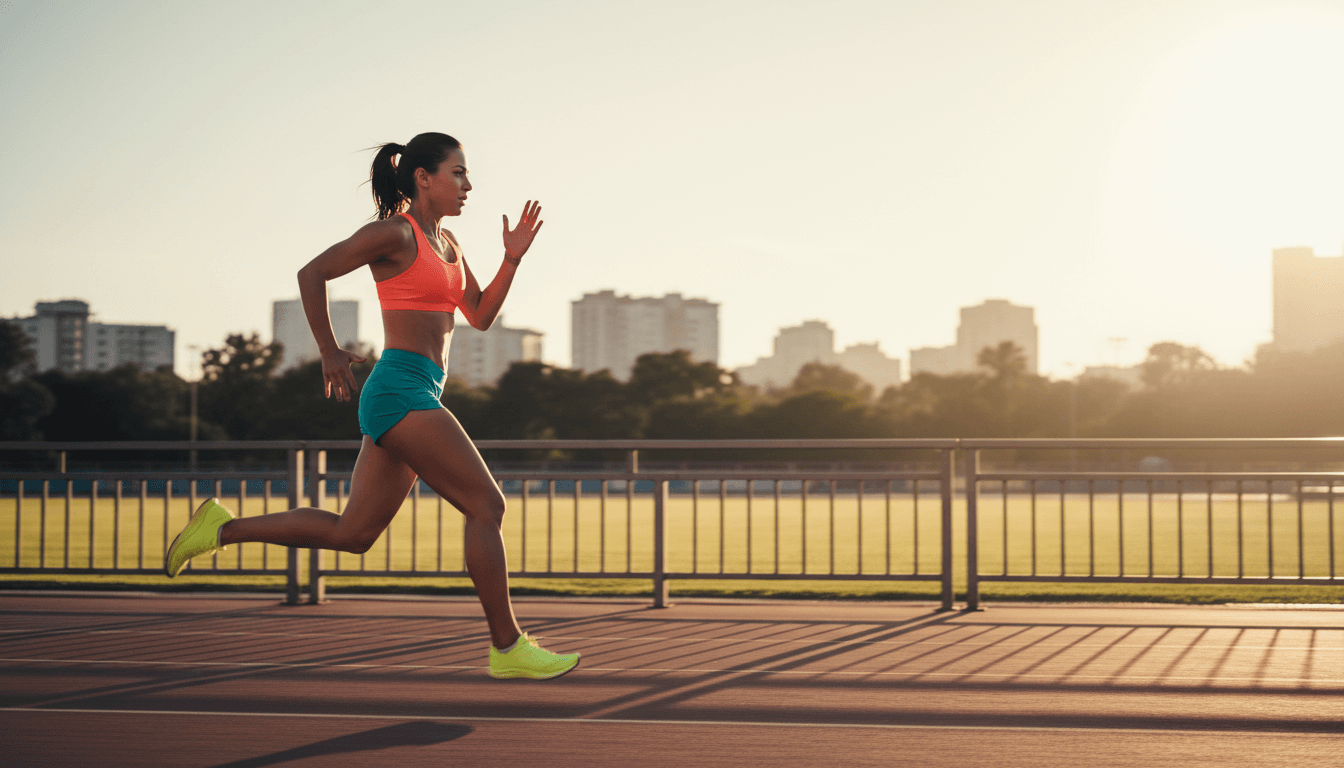 Person jumping outdoors with arms raised, celebrating with vibrant energy and natural sunlight