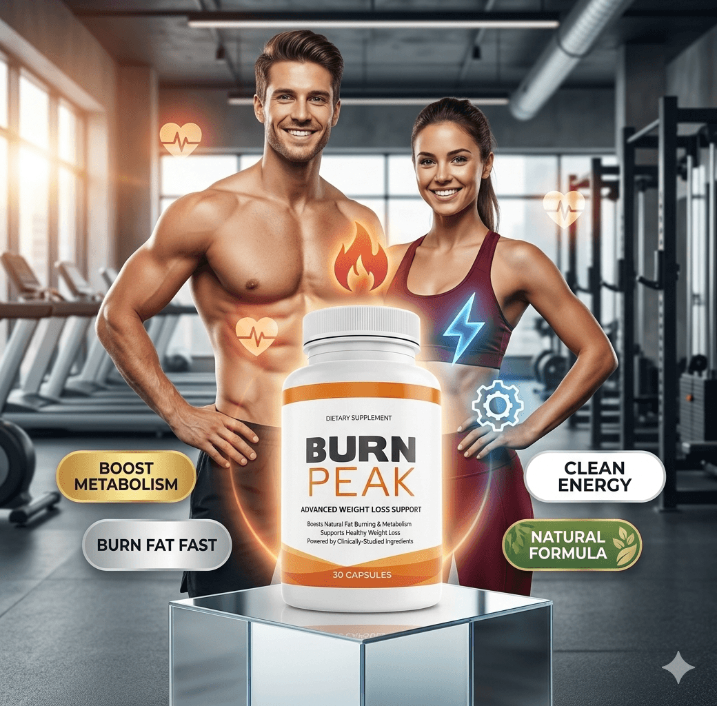 Burn Peak weight loss supplement bottle featuring a fit man and woman in a gym.