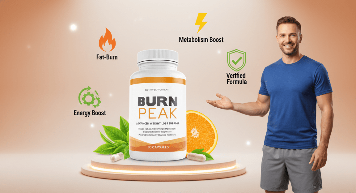 Smiling man presenting Burn Peak weight loss supplement bottle with fat-burn and metabolism boost icons.